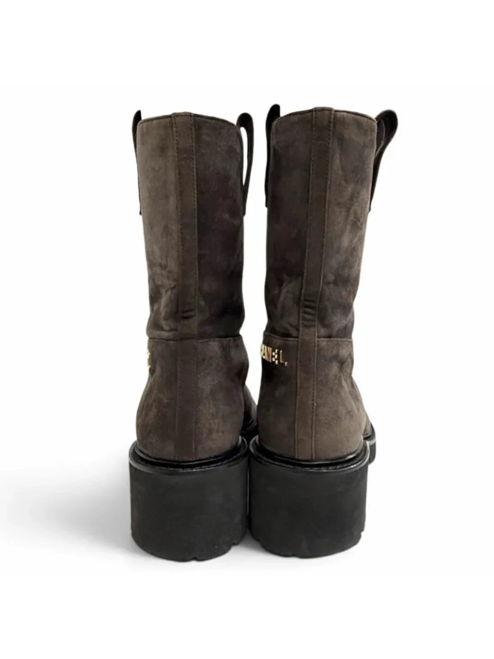 Chanel CC Logo Lining Quilted Suede Leather Ankle Boots Short Dark Brown